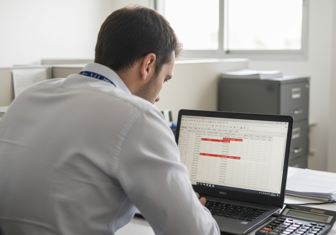 Persona de negocios analizando datos en un portátil con una calculadora al lado